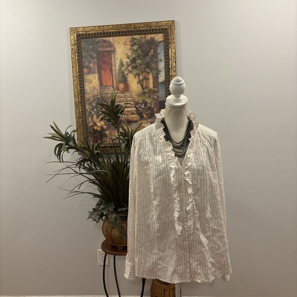 Cato Woman Size 22/24 Lightweight Blouse White Striped Ruffle V-Neck Long Sleeve
